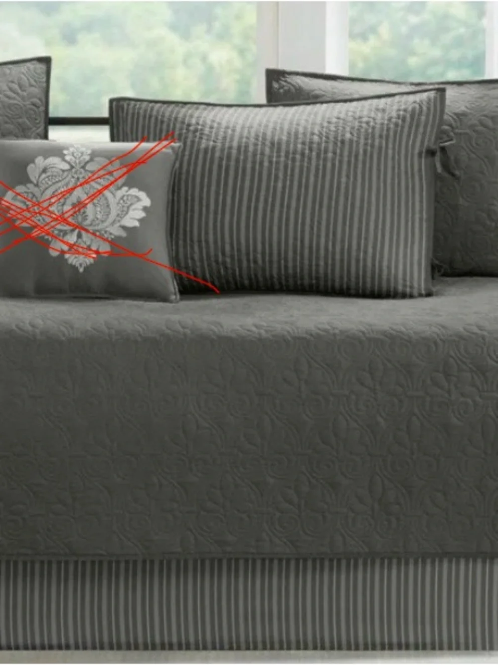 Fitted Reversible Gray Striped Daybed Cover with Three Pillow Cases